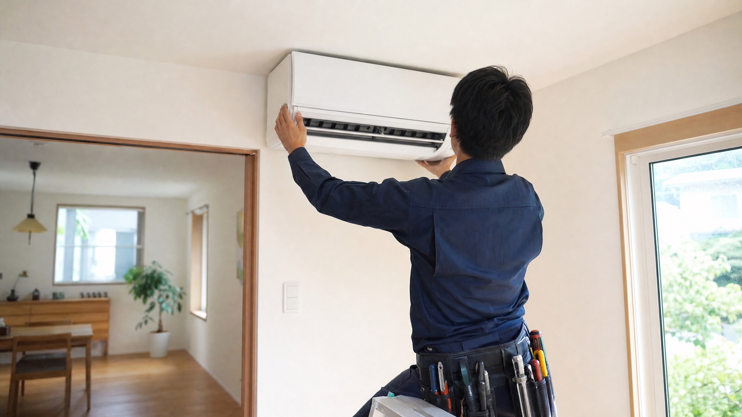 エアコン取付工事を行う電気工事の職人